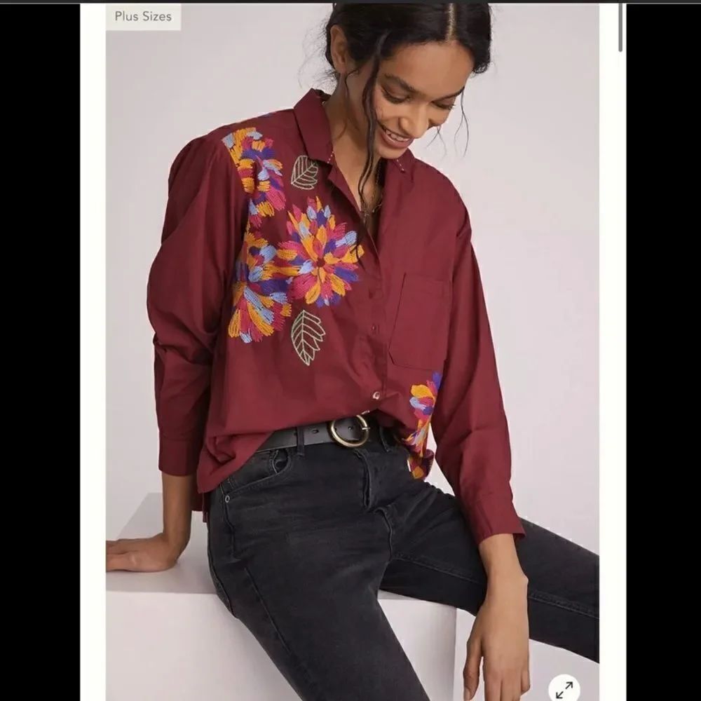 Anthropologie Maeve Embroidered Button Down Shirt Size 8